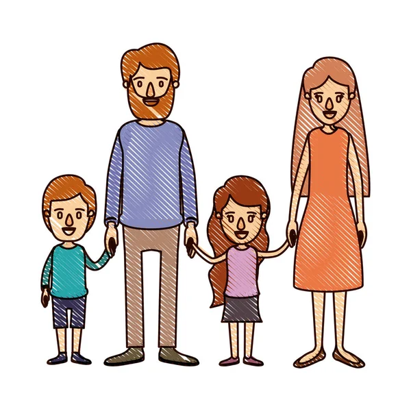 Familia de dibujos animados a rayas de crayón de color con padres e hijos pequeños tomados de las manos — Vector de stock