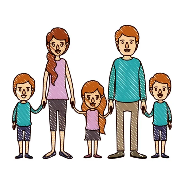 Кольорова крихітна смуга мультфільму сім'я з молодими батьками і маленькими дітьми взяті руки — стоковий вектор