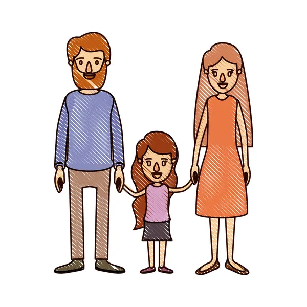 Цветной карандаш полоска мультфильм семьи с отцом бородатый и мама с длинными волосами с маленькой девочкой взяты за руки — стоковый вектор