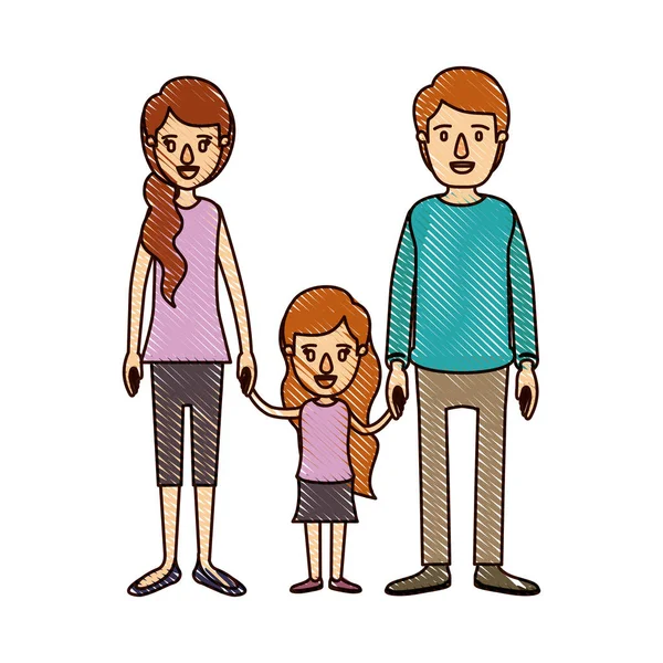 Цветной карандаш полоска мультяшной семьи с молодым отцом и мамой с боковым хвостиком волосы с маленькой девочкой взяты за руки — стоковый вектор
