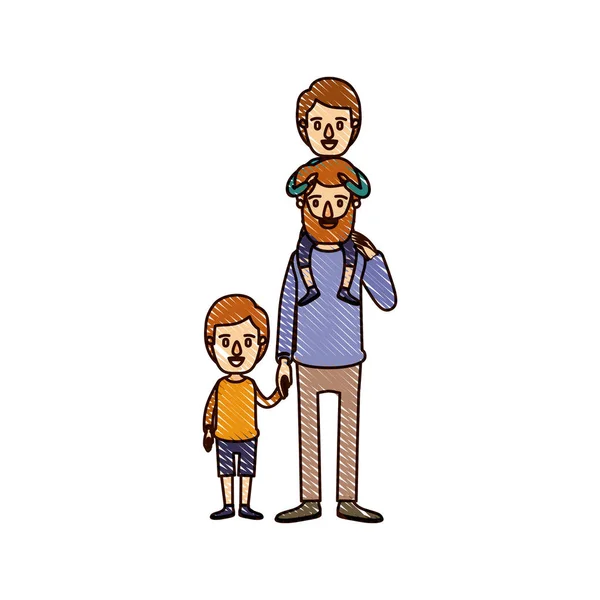 색상 크레용 스트라이프 만화 그의 뒤로 손을 찍은 아이에 아이 함께 아버지 수염 — 스톡 벡터