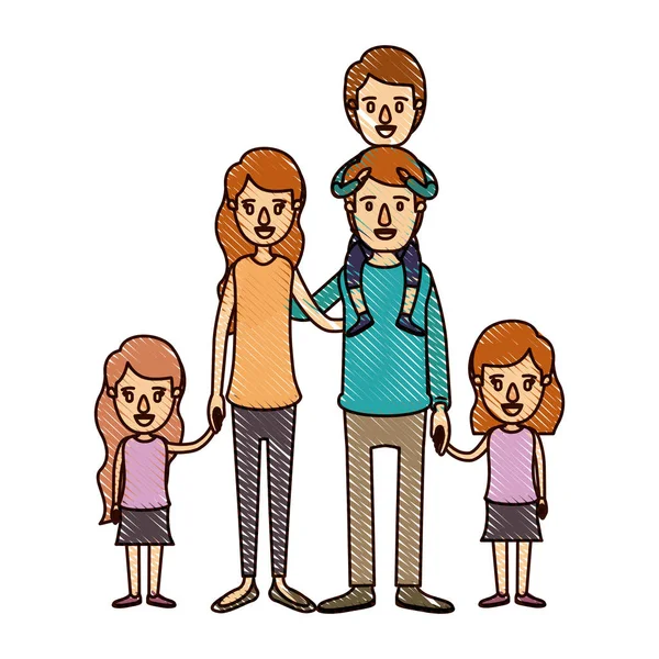 Χρώμα κραγιόνι λωρίδα κινούμενων σχεδίων μεγάλα οικογενειακά γονείς με αγόρι στην πλάτη του και τις κόρες τους λαμβάνονται τα χέρια — Διανυσματικό Αρχείο