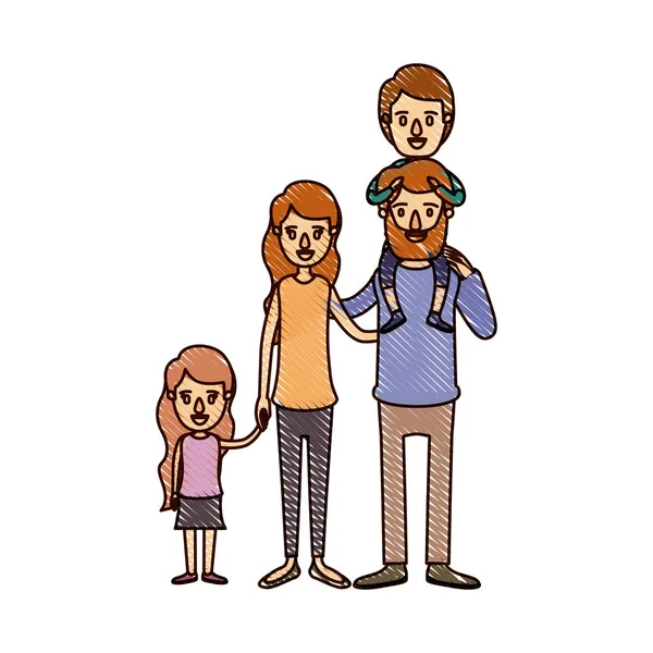 Színes zsírkréta csík rajzfilm nagy családi szülők fiú a hátán és a lánya kezébe venni — Stock Vector