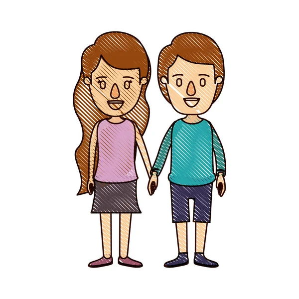 Color crayón rayas dibujos animados vista frontal cuerpo completo pareja en ropa casual — Vector de stock