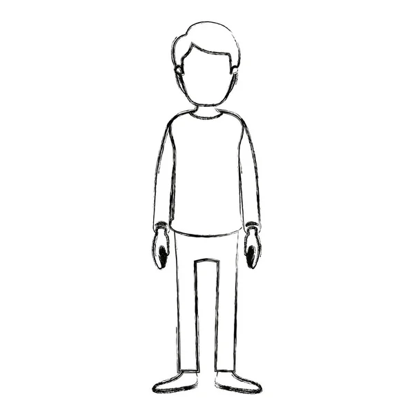 Silueta borrosa dibujos animados cuerpo completo sin rostro chico con peinado y ropa — Vector de stock