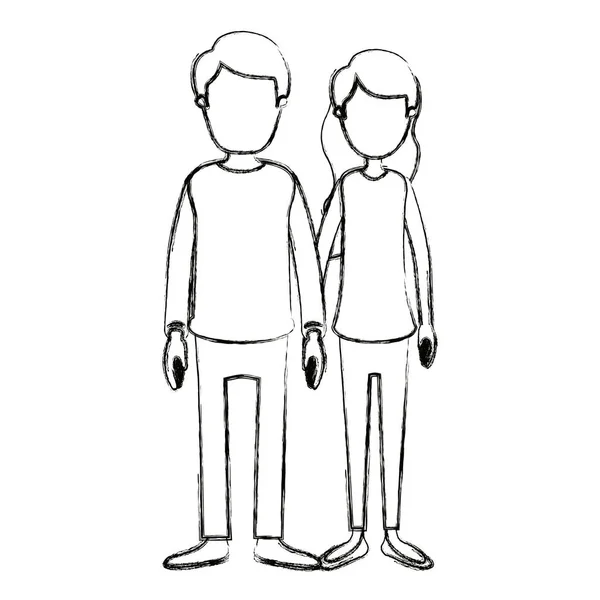 Verschwommene Silhouette Cartoon Ganzkörper gesichtsloses Paar in lässiger Kleidung — Stockvektor