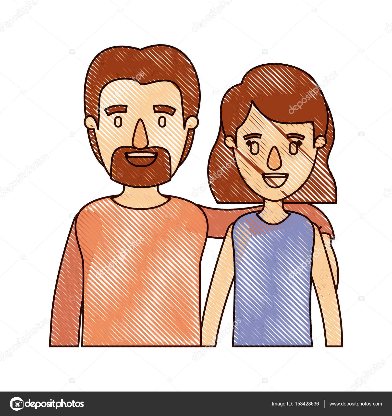 Color Crayon Stripe Cartoon Half Body Couple Woman With Short Hair