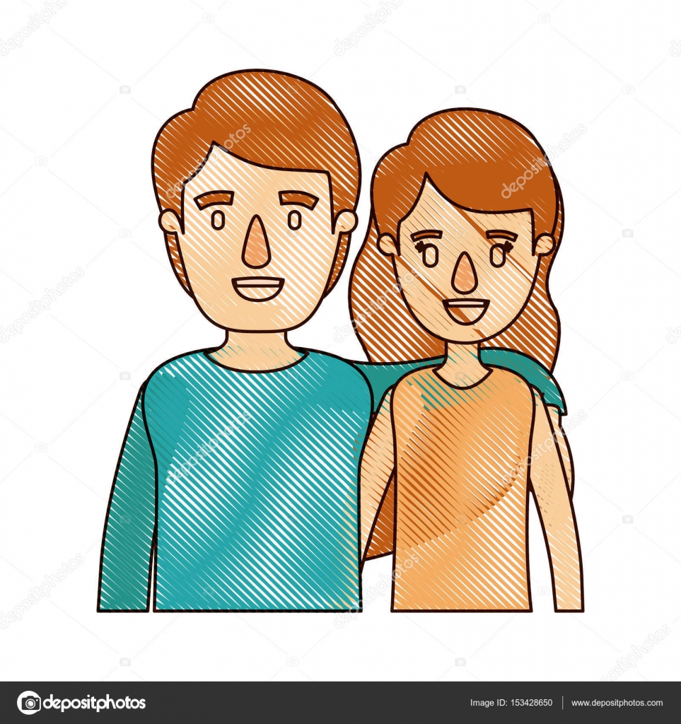 Color Crayon Stripe Cartoon Half Body Couple Woman With Short Wavy