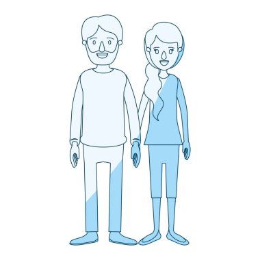 mavi siluet gölgelendirme çizgi film tam vücut kadın çift at kuyruğu yan saç ve rahat giyim adam