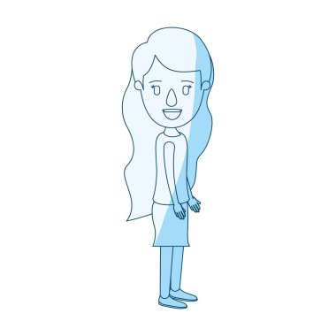 tarafına bakarak dalgalı uzun saçlı mavi siluet gölgelendirme çizgi film tam vücut kadın