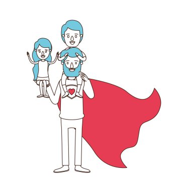 tam vücut süper baba kahraman kız onun el ve sırtında çocuk ile renk bölümleri ile siluet karikatür