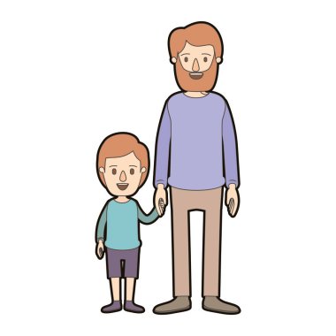 açık renkli karikatür kalın kontur tam vücut adam ile küçük çocuk el ele