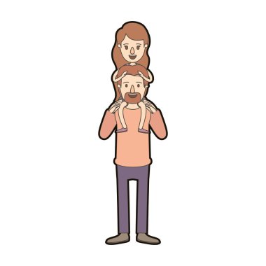 açık renkli karikatür kalın kontur sakallı baba sırtında kızla