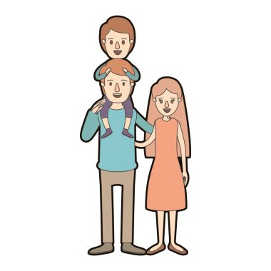 açık renkli karikatür kalın kontur aile anne ve babanın sırtında çocukla