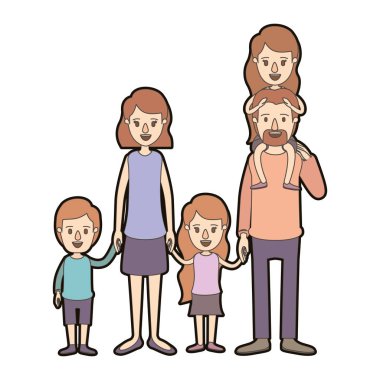açık renkli karikatür kalın kontur aile grubu anne ve küçük çocuklar alınan eller