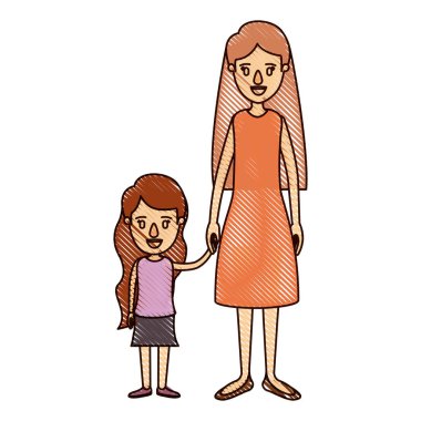 renk mum boya şerit çizgi film tam vücut anne elbiseli kızla el ele