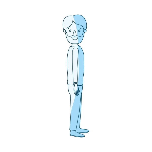 Silhueta azul sombreamento cartoon homem de corpo inteiro barbudo olhando para o lado —  Vetores de Stock