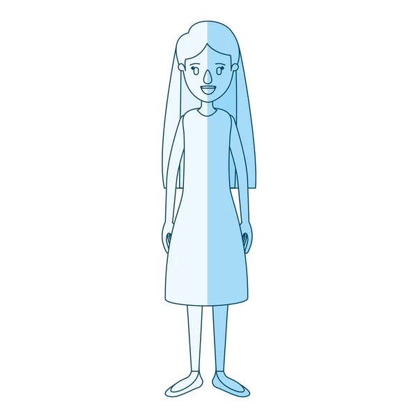 Silueta azul sombreado de dibujos animados mujer de cuerpo completo con el pelo largo y vestido — Vector de stock