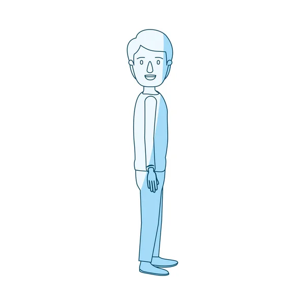 Μπλε σιλουέτα σκίαση κινουμένων σχεδίων πλήρες σώμα τύπος με το χτένισμα που ψάχνετε πλευρά — Διανυσματικό Αρχείο