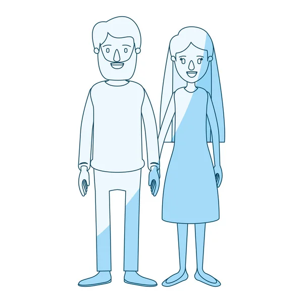 Blauwe silhouet arcering cartoon hoofdgedeelte paar vrouw met lang haar in de jurk en man in casual kleding — Stockvector