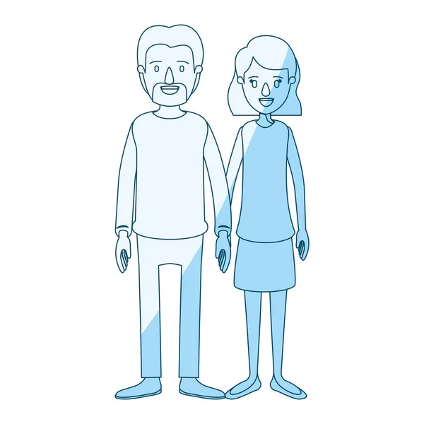 Bleu silhouette ombrage dessin animé plein corps couple femme avec les cheveux courts ondulés en jupe et l'homme en vêtements décontractés — Image vectorielle