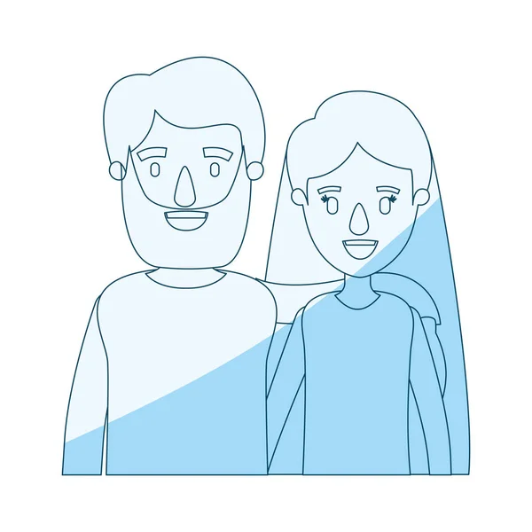 Niebieski sylwetka cieniowanie karykatura pół ciała para kobieta z długimi włosami i Brodaty mężczyzna — Wektor stockowy