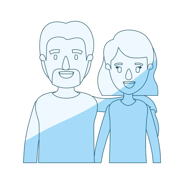Azul silueta sombreado caricatura medio cuerpo pareja mujer con pelo corto y barbudo hombre — Vector de stock