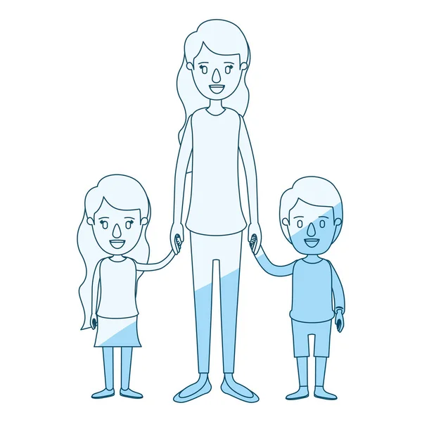 Silhueta azul sombreamento caricatura corpo inteiro mãe tomada mão com menina e menino — Vetor de Stock