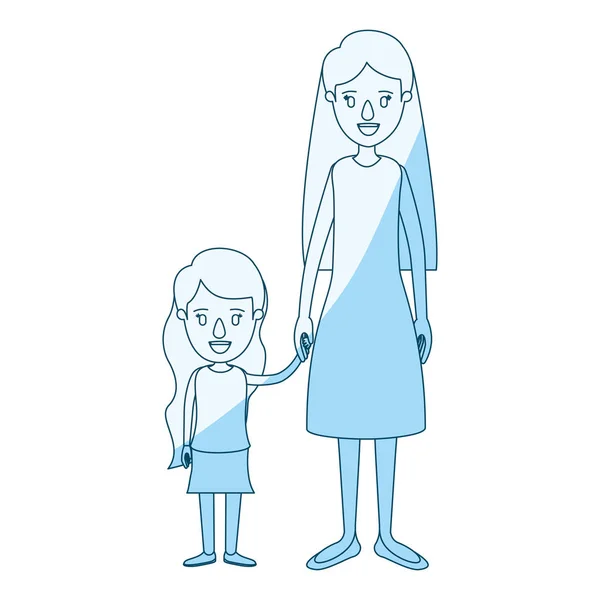Kék silhouette árnyékolás karikatúra teljes test anya hozott a kézi lány — Stock Vector
