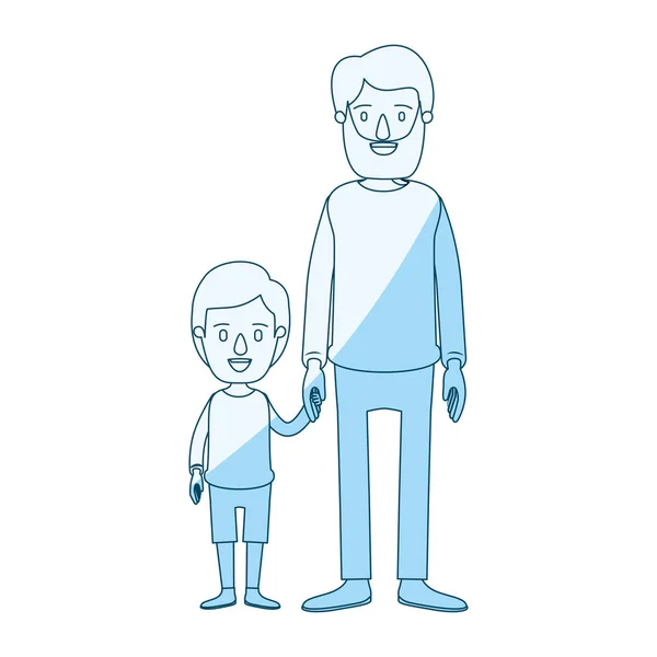 Silhueta azul sombreamento caricatura homem de corpo inteiro tomado mão com menino —  Vetores de Stock
