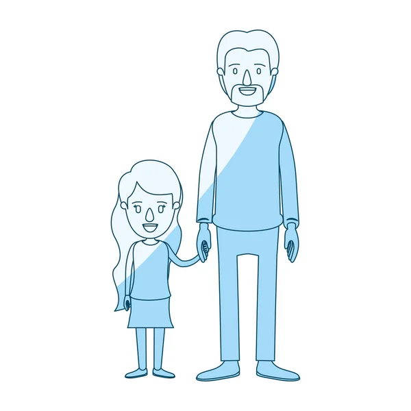 Silhueta azul sombreamento caricatura homem de corpo inteiro tomado mão com menina — Vetor de Stock