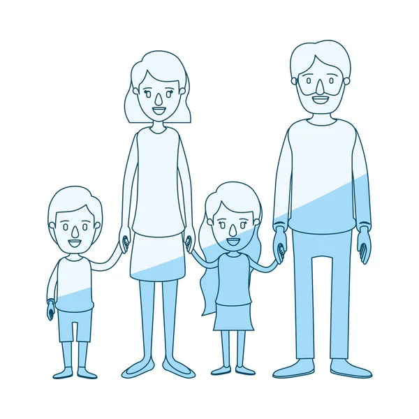 Blå siluett skuggning karikatyr familj grupp med föräldrar och små barn tagit händer — Stock vektor