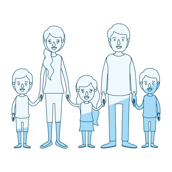 Синій силует затінення карикатурної сім'ї з молодими батьками та маленькими дітьми взятими руками — стоковий вектор
