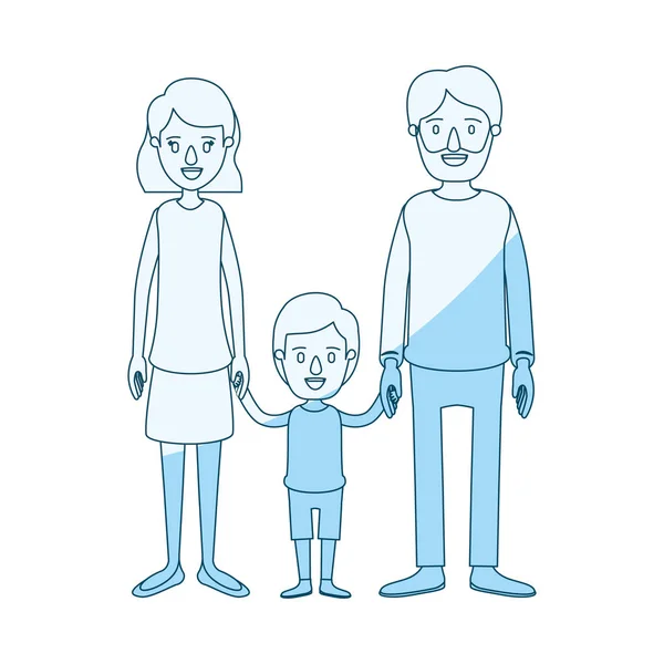 Blu silhouette ombreggiatura caricatura famiglia con padre barbuto e mamma con i capelli corti con bambino preso le mani — Vettoriale Stock