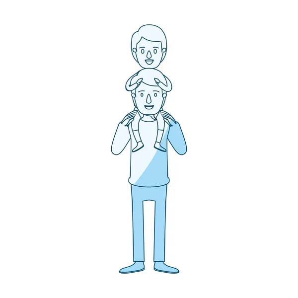 Modrá silueta stínování karikaturu mladý otec s chlapcem na zádech — Stockový vektor