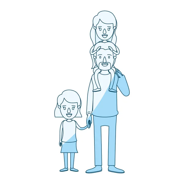 Azul silueta sombreado caricatura papá con daugther en su espalda y chica tomada de las manos — Vector de stock