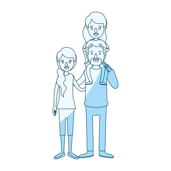 Azul silueta sombreado caricatura familia con madre y padre con bigote y niña en la espalda — Archivo Imágenes Vectoriales