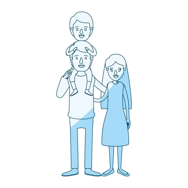 Blue silhouette shading caricature family mother and father with boy on his back — Stock Vector