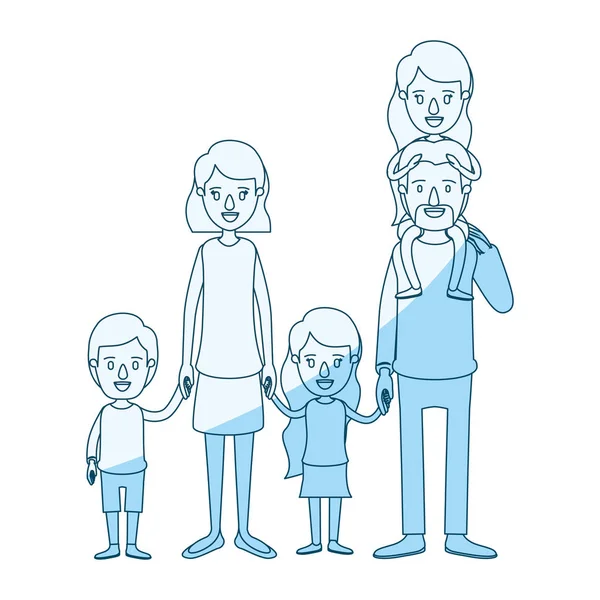 Синій силует затінення карикатури великих сімейних батьків з дівчиною на спині і дітьми взятими руками — стоковий вектор