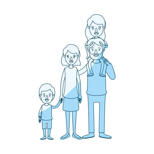 Azul silueta sombreado caricatura familia grande padres con chica en la espalda y el hijo tomó de las manos — Vector de stock