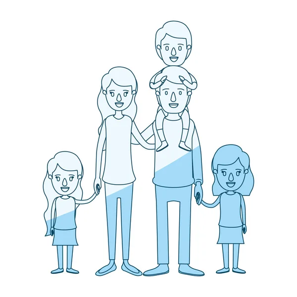 青いシルエットの風刺漫画彼の背中と手を取られる娘たちに少年と大きな家族両親をシェーディング — ストックベクタ