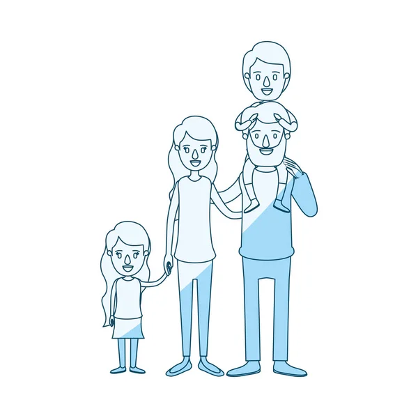 Bleu silhouette ombrage caricature grande famille parents avec garçon sur son dos et fille pris mains — Image vectorielle