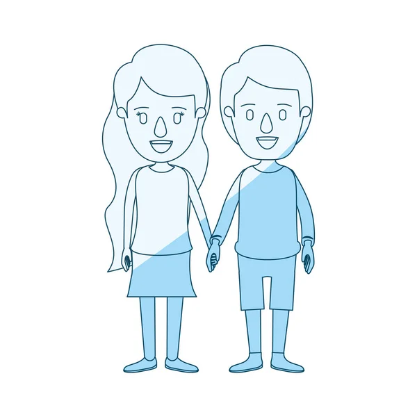 Bayangan siluet biru karikatur tubuh penuh pasangan dalam pakaian kasual - Stok Vektor