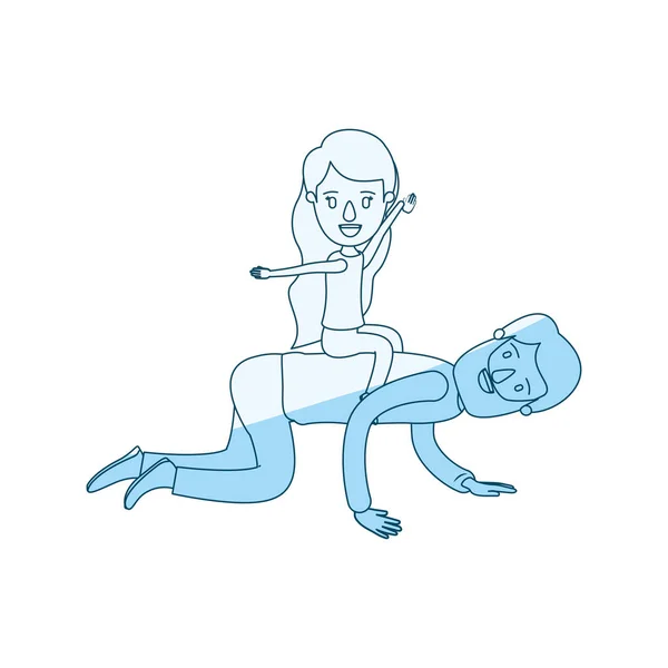 Синий силуэт затеняя карикатуру бородатый отец с девушкой, играющей лошадь на спине — стоковый вектор