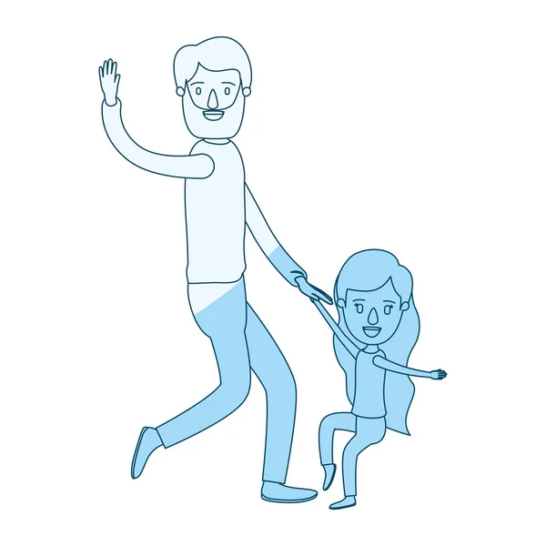 Bleu silhouette ombrage caricature barbu père avec fille danse — Image vectorielle