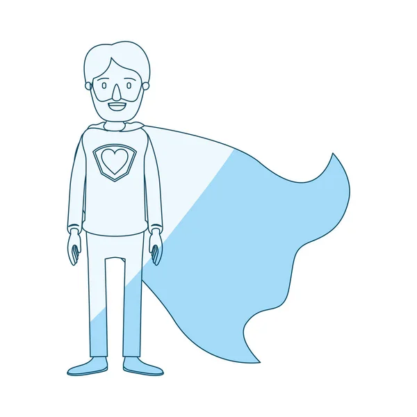 Bohater kreskówki cieniowanie niebieski sylwetka super tata całego ciała z brodą i serce symbol w mundurze — Wektor stockowy