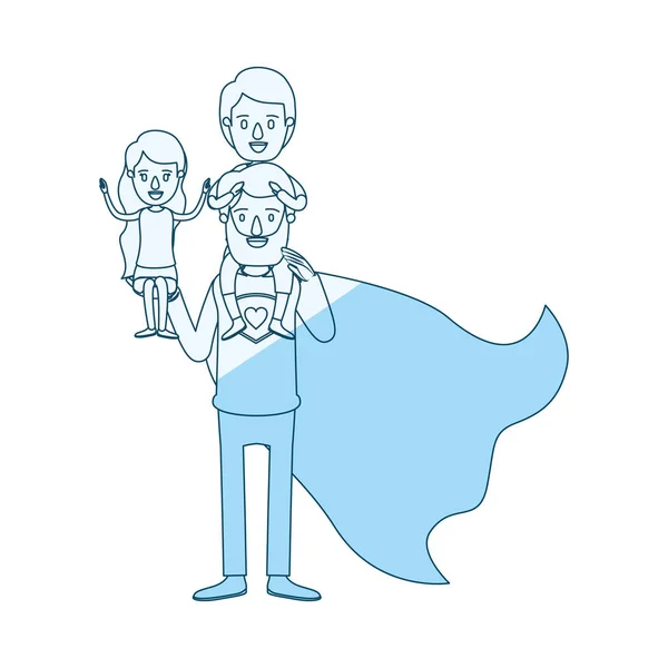 Silhueta azul sombreamento desenho animado de corpo inteiro super pai herói com menina em sua mão e menino em suas costas — Vetor de Stock