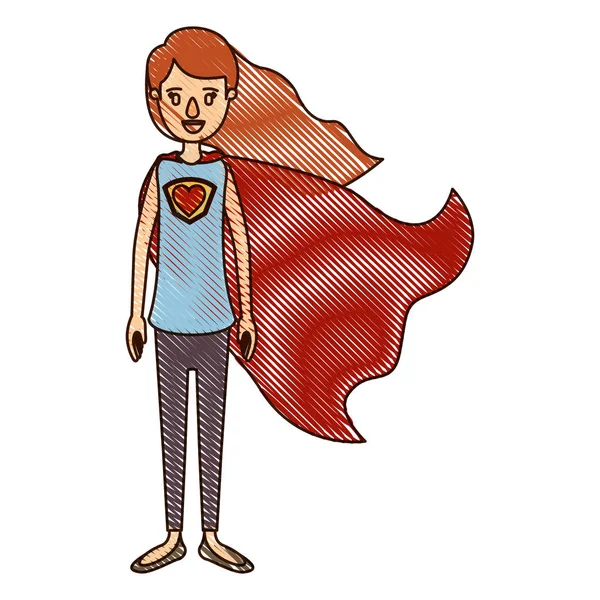 Warna krayon kartun tubuh penuh super pahlawan wanita dengan rambut panjang bergelombang dan topi - Stok Vektor