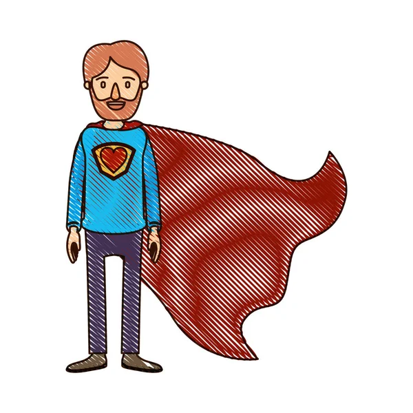 Cor lápis de cor banda desenhada corpo inteiro super pai herói com barba e coração símbolo em uniforme —  Vetores de Stock
