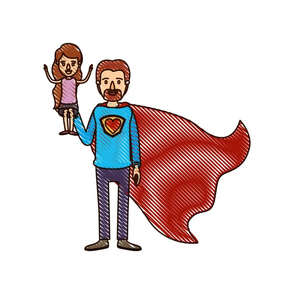 Kleur krijt stripe cartoon hoofdgedeelte super dad held met meisje op zijn hand — Stockvector